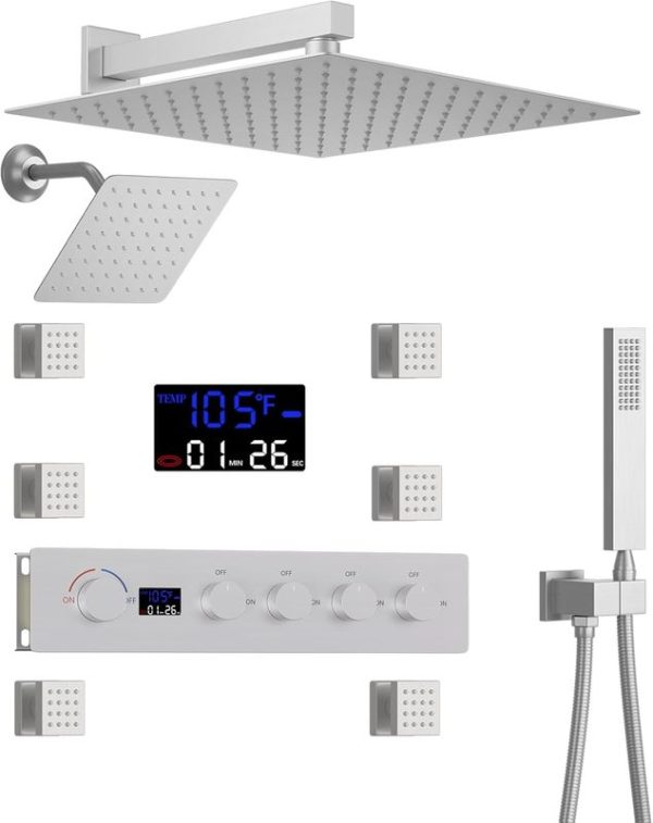 Bathroom Thermostatic Shower System Brushed Nickel & Gold Digital Display Rain Spray Pattern for Hotels