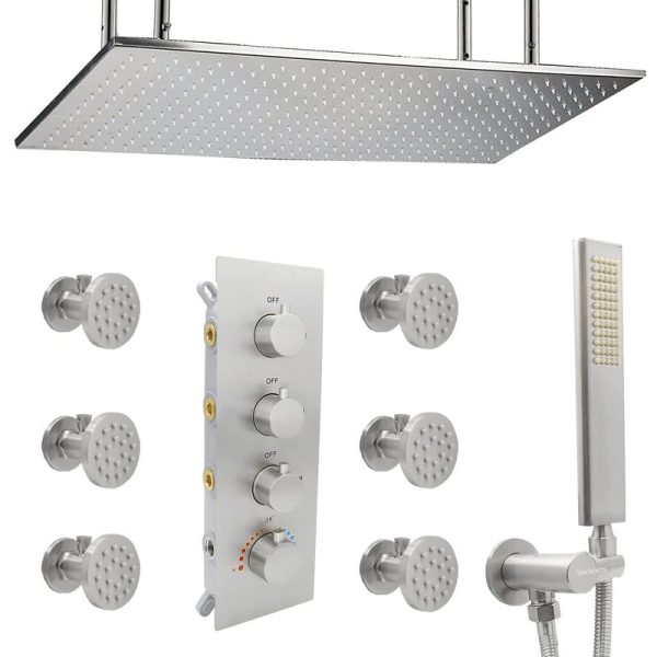 Bathroom Thermostatic Shower System with Body Jets Brass Brushed Nickel Shower Faucets Sets