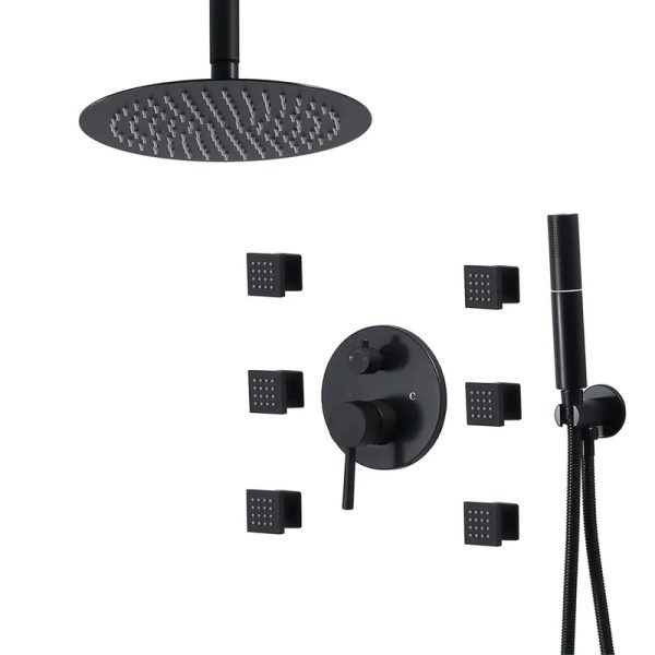 Black 8 Inch Rain Shower Faucet Set with 6 Body Spray Jets Bathroom