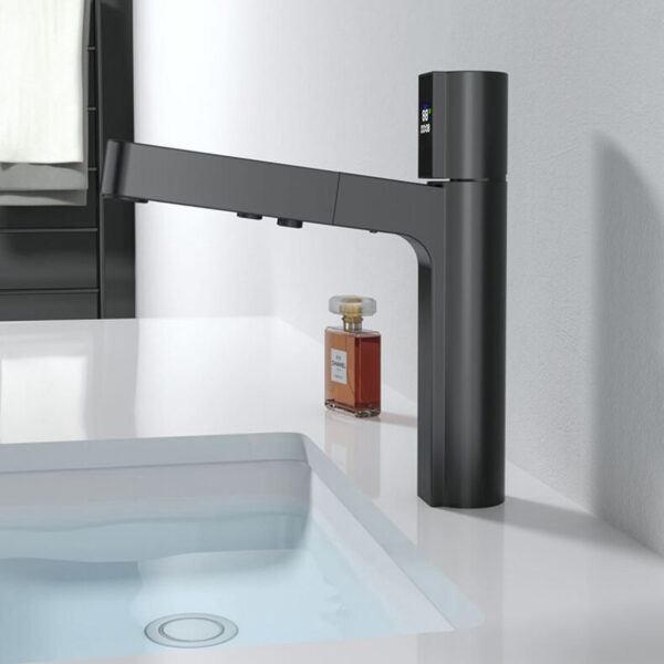 Wholesale Brass Bathroom Sink Faucet with Pull Out Sprayer, Black Fahrenheit Degree Temperature LED Digital Display Sink Faucet - Imagen 4