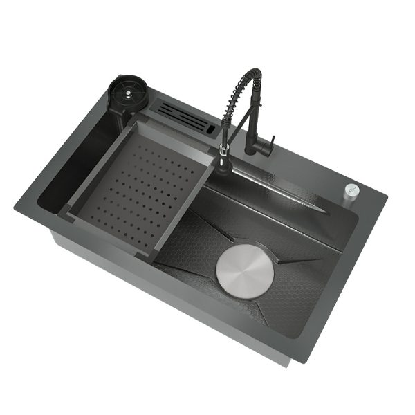 Black Household Honeycomb Stainless Steel Kitchen Sink with Spring Faucet Knife Holder Cup Washer for Hotel Kitchen