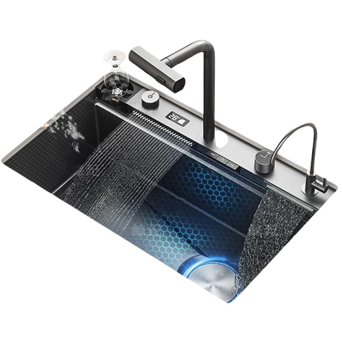 Modern Smart Digital Display Kitchen Stainless Steel Multifunctional Sink with Waterfall Double Faucet and Dishwasher Sink