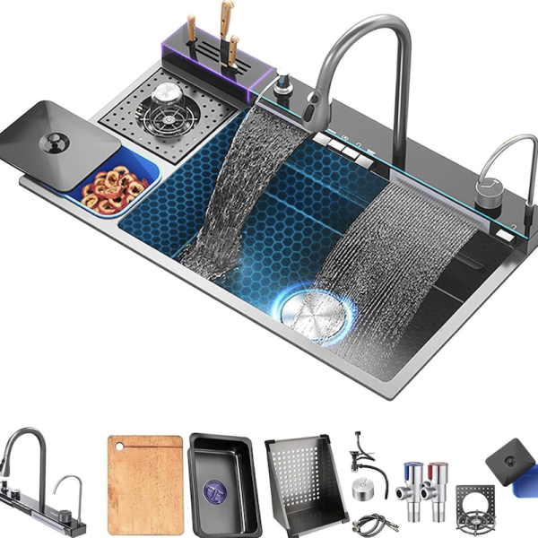 Black Modern Smart Kitchen Nano Stainless Steel Multifunctional Waterfall Sinks with Double Faucet for Restaurant