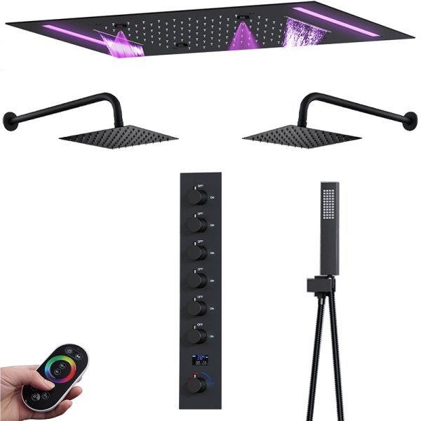 Black Thermostatic Shower System  Rainfall Shower Head and Handle Set Wall Mounted Shower Fixtures