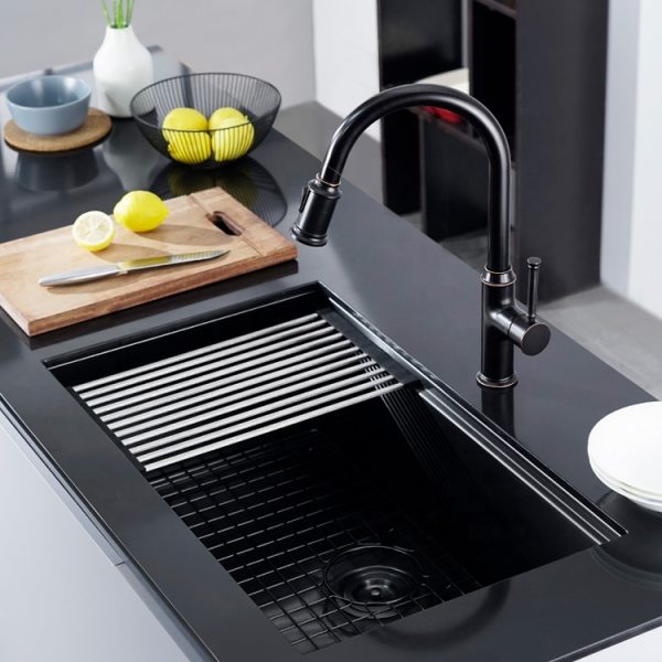 Black Workstation Kitchen Sink Undermount Stainless Steel Single Bowl Sink with Work Flow Ledg
