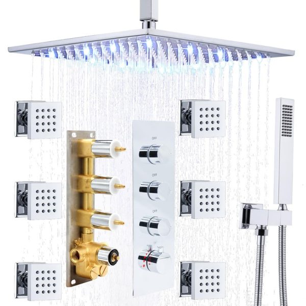 Brass 12 Inch Shower Rain Head Set Thermostatic LED Shower System with Body Spray Jets Shower Faucet Set