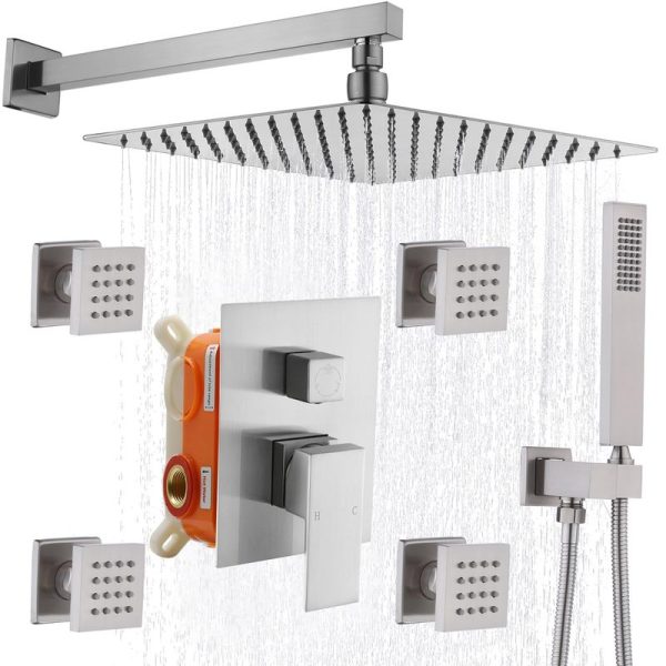 Brass Bathroom Wall Rain Shower System 12" Ceiling Rain Set with Body Jets and Hand Shower Pause Spray Pattern