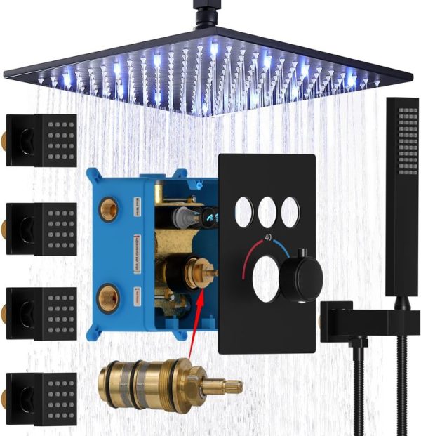 Brass Shower Jets System 12 Inch Ceiling Rain Shower Matte Black Thermostatic Shower Faucet Fixture Combo Set