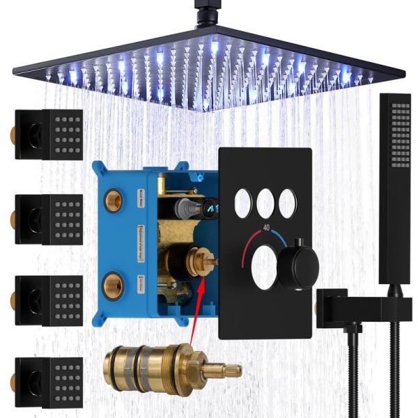 Brass Shower Jets System with 12 Inch Ceiling Rain Shower Head Thermostatic Shower Faucet