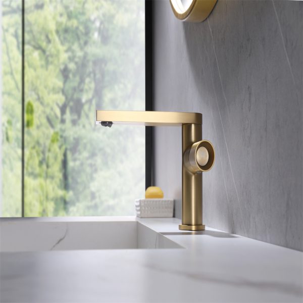 Brush Golden Finished Deck Mounted Hot and Cold Modern Design Brass Basin Taps