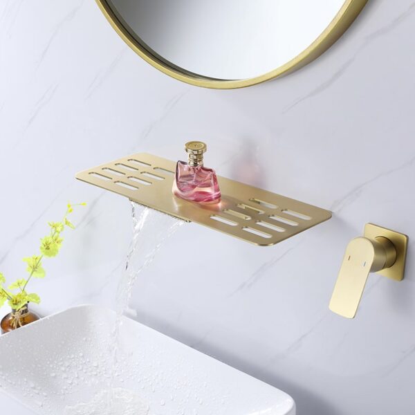 Wholesale Brush Golden Single Handle Square Brass Wall Mounted Storage Rack Waterfall Bathroom Faucet - Image 7