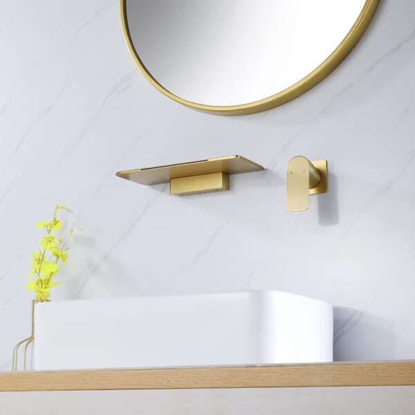 Wholesale Brush Golden Single Handle Square Brass Wall Mounted Storage Rack Waterfall Bathroom Faucet - Image 4