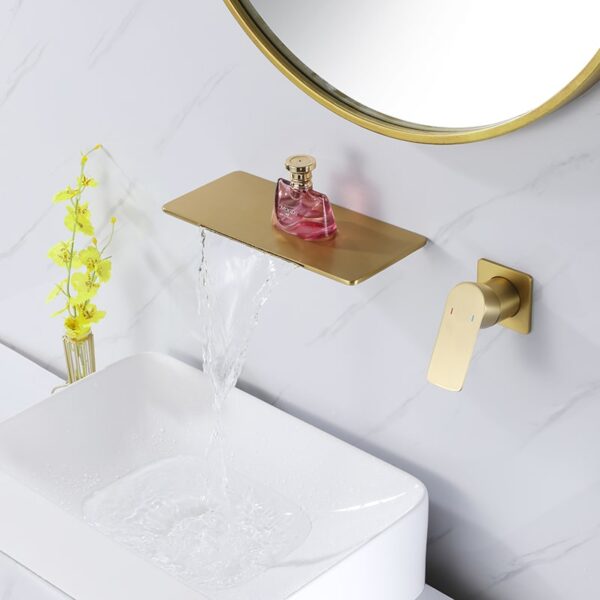 Wholesale Brush Golden Brass Bathroom Sink Faucet Single Handle Square Hot and Cold Brass Waterfall Wall Mounted Faucet - Image 5