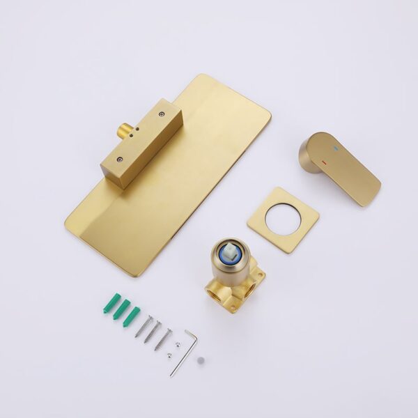 Wholesale Brush Golden Single Handle Square Brass Wall Mounted Storage Rack Waterfall Bathroom Faucet - Image 9