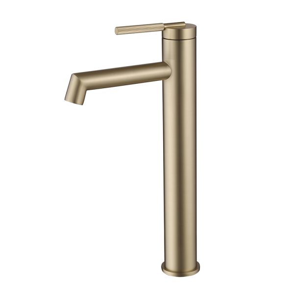 Brush Golden Finished Solid Brass Tap Long Neck Hand Wash Bathroom Hot and Cold Basin Faucet