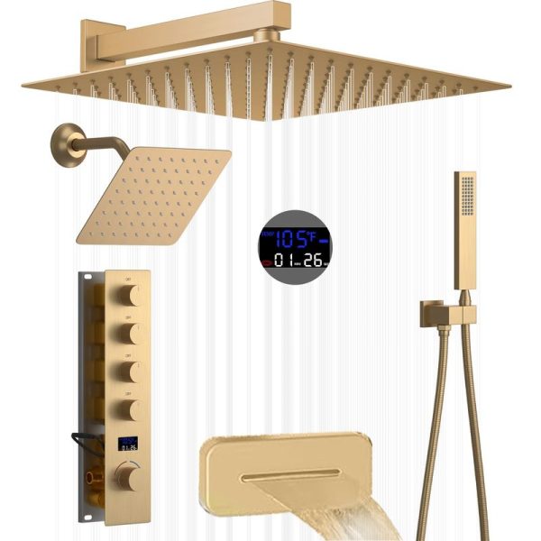 Brushed Gold Bathroom Shower Fixtures Combo Set Square Showerhead Digital Display Shower System
