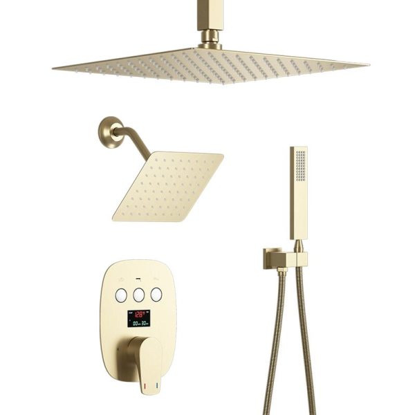 Brushed Gold Full Body Shower System Luxury Rainfall Shower Faucet Set With Temperature Display Rainfall Shower Complete Set