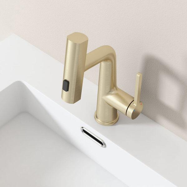 Brushed Gold Pull Out Bathroom Sink Faucet Brass Waterfall Bathroom Sink Faucets with 360° Rotaty Rainfall Rotating Spou – Image 5