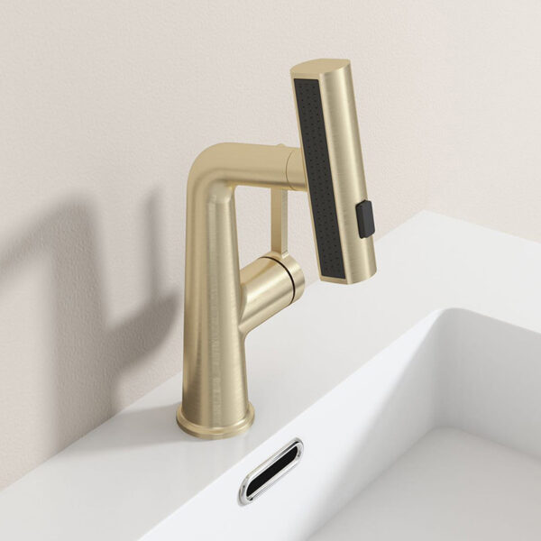 Brushed Gold Pull Out Bathroom Sink Faucet Brass Waterfall Bathroom Sink Faucets with 360° Rotaty Rainfall Rotating Spou – Image 8