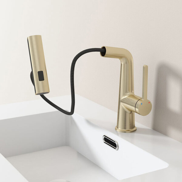 Brushed Gold Pull Out Bathroom Sink Faucet Brass Waterfall Bathroom Sink Faucets with 360° Rotaty Rainfall Rotating Spou – Image 7