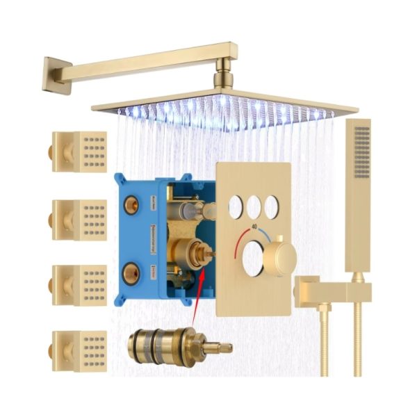 Brushed Gold Rain Full Body Spray Shower 12inch Ceiling Rain Shower Head Shower System