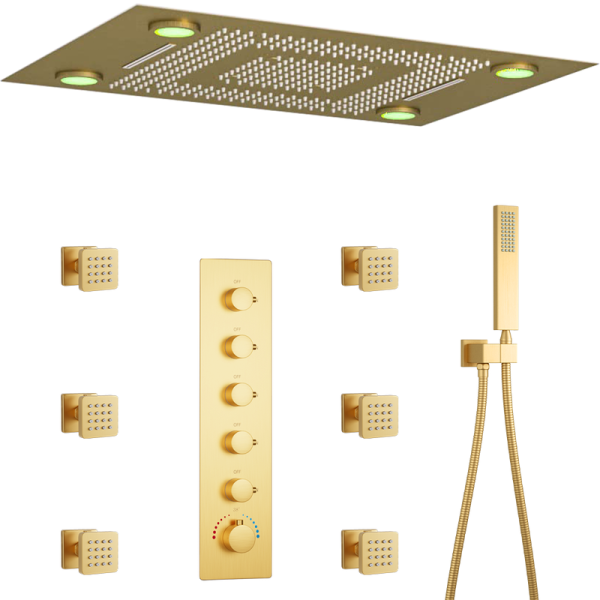 Brushed Gold Rain Shower System Ceiling Thermostatic LED Shower Head System