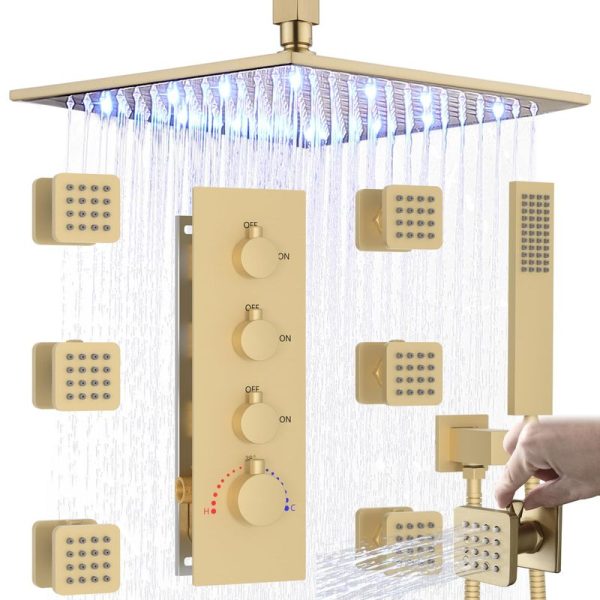 Brushed Gold Shower Jets System 16 Inch LED Rainfall Shower Faucet Set