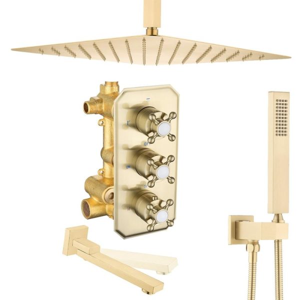 Brushed Gold Shower System  12 Inches Ceiling Mount Shower Tub Faucet Set Adjustable Bathroom Rain Shower Head