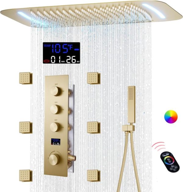Brushed Gold Thermostatic Body Jets Shower System Shower Set with Digital Display Bathroom Shower Set
