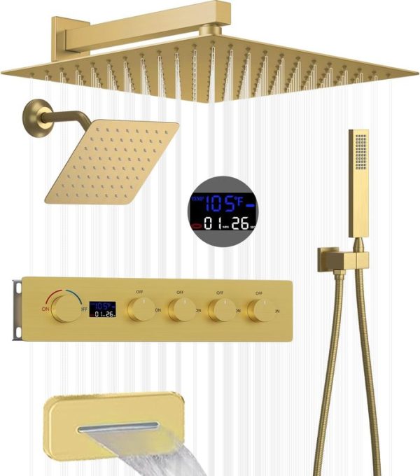 Brushed Gold Thermostatic Shower Set with Digital Display Rainfall Bathroom Faucet & Rain Shower Head for Hotels