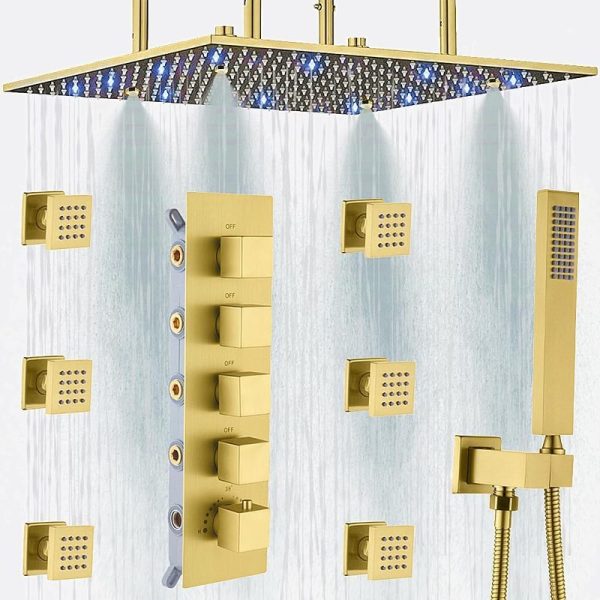 Brushed Gold Thermostatic Shower System LED 16 Inch Rainfall Bath Shower Massage Body Jets 4 Modes Shower Set