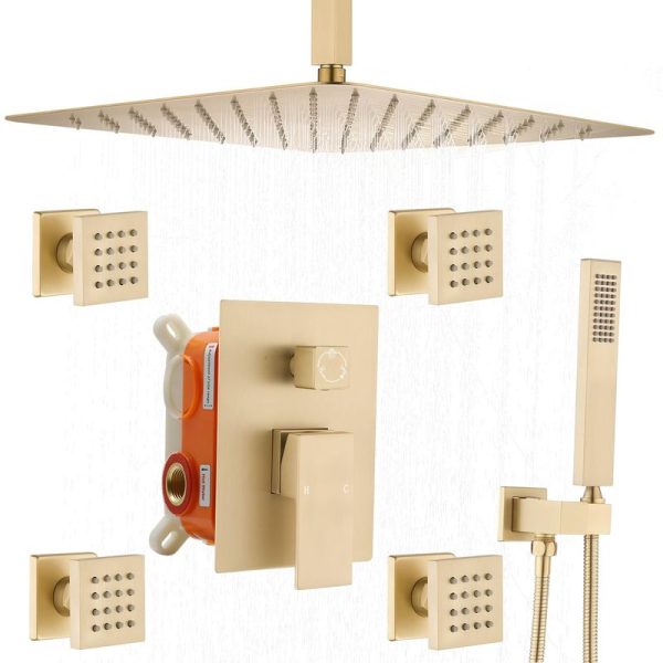 Brushed Gold Thermostatic Shower System with Massage Body Jets 12inch Luxury Shower Head Shower Faucet Set Water Saving