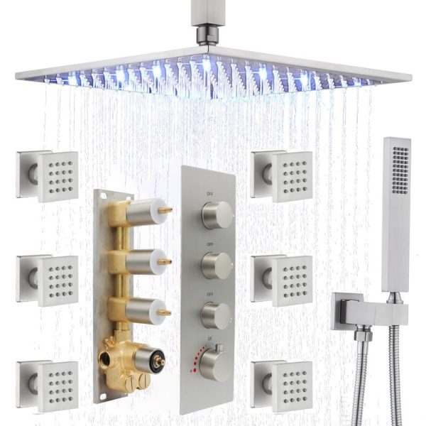 Brushed Nickel 12 Inch Luxury LED Rainfall Shower Heads System Body Spray Brass Faucet Combo Set