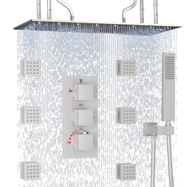 Brushed Nickel LED Rainfall Couples' Shower Multi Shower Head Thermostatic Shower System