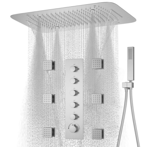 Brushed Nickel Rainfall Ceiling Shower Head Thermostatic Full Body Shower Faucet Set