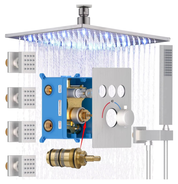 Brushed Nickel Thermostatic Shower Jets System Ceiling Mounted 12 Inch LED Rain Set Brass Shower Jets System