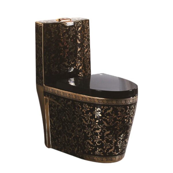 Chaozhou Factory Custom Black Toilet Luxury Sanitary Ware Bathroom Electroplated Golden Dual Flush Wc One Piece Toilet G1002