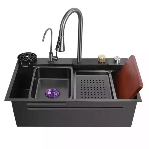 China Luxury Kitchen Sinks 304 Stainless Steel  Farmhouse Sink Modern Waterfall Rainfall Single Bowl Kitchen Sink Set Black