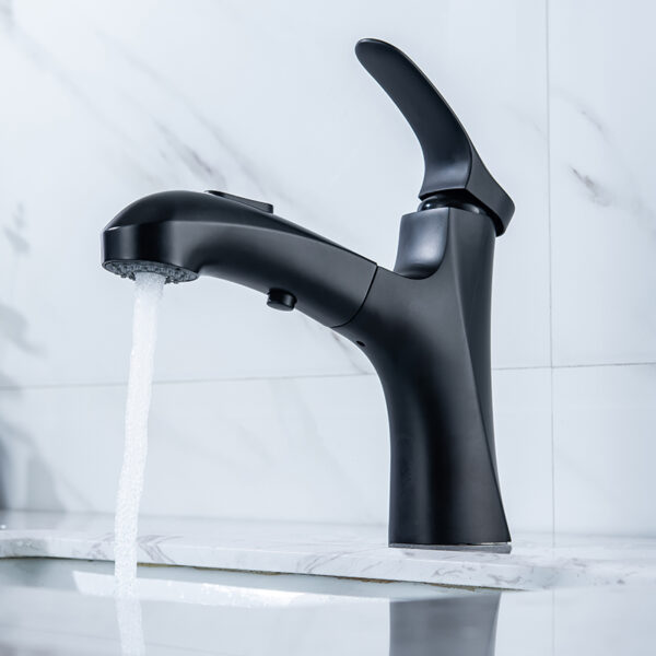 China Water Saver Faucet Bathroom Sanitary Ware Brass Matte Black Pull Out Basin Faucet 4