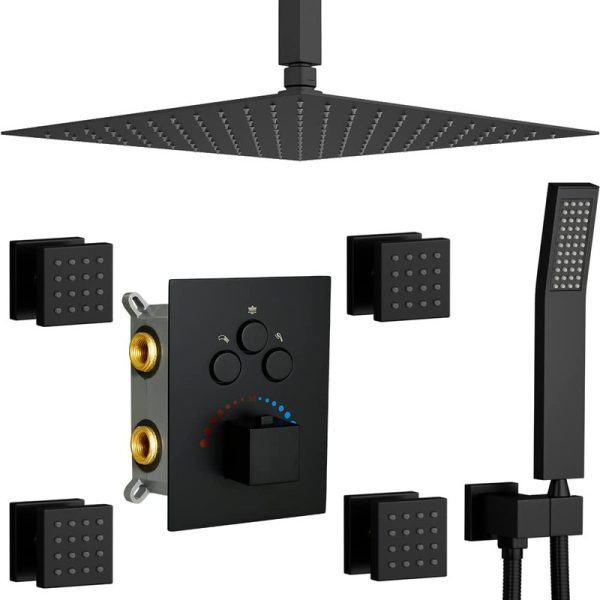 Complete Matte Black 16 Inch Shower Set Contemporary Brass Full Body Rain Shower Faucets Three Buttons Control for Modern