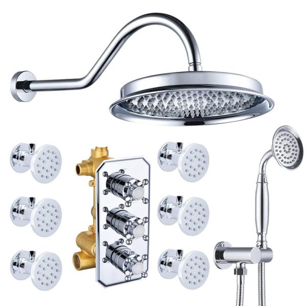 Contemporary Round Shower Faucet Set 3 in 1 Spray Rain Head Shower Set Complete Thermostatic Shower System Wall Mounted
