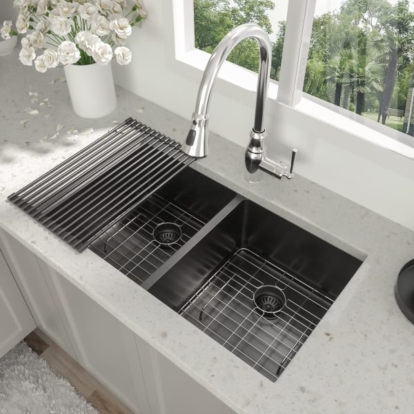 Cupc 304 Kitchen Sinks Matte Black Double Bowl Stainless Steel Under Mount Sink