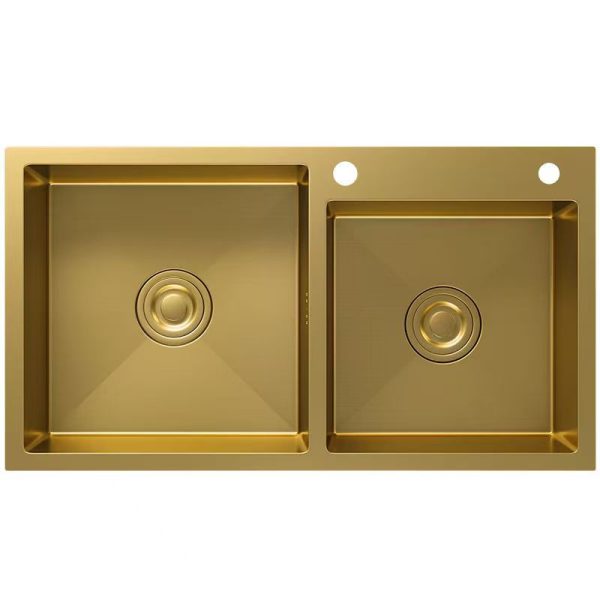 Customizable Gold Kitchen Sink Handmade Stainless Steel 201/304 Single & Double Bowl Two Holes Sizes 7843/7848/6050/7845