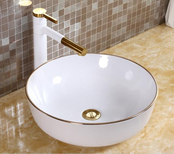 Customized Round Small Glossy White Ceramic Countertop Basin With Gold Line Cheap Bathroom Sinks