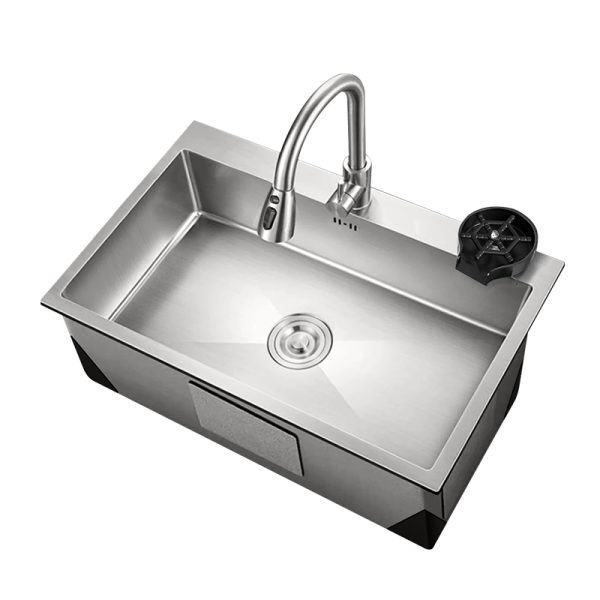 Deluxe Single Bowl Kitchen Sink Stainless Steel with Cup Washer Pull out Kitchen Mixer Tap & Faucet Four Holes
