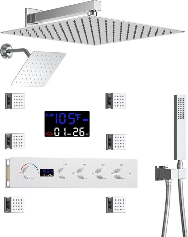Digital Display Thermostatic Shower Set with Rain Spray Pattern Brushed Gold and Brushed Nickel Bathroom Suite for Hotels