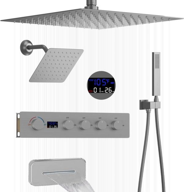 Digital Display Thermostatic Shower System Brushed Nickel Color Bathroom Shower Set with Rain Spray Pattern for Hotels
