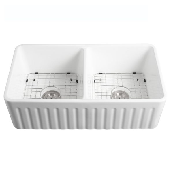 Doble Bowl Fireclay Farmhouse Kitchen Sink Apron Front Farm Sink Ceramic Drop in Lavabos De Cocina with Accessories