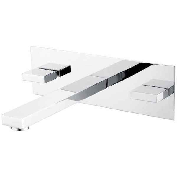 Double Handles Modern Design Long Spout Wall Mounted Brass Bathroom Faucets