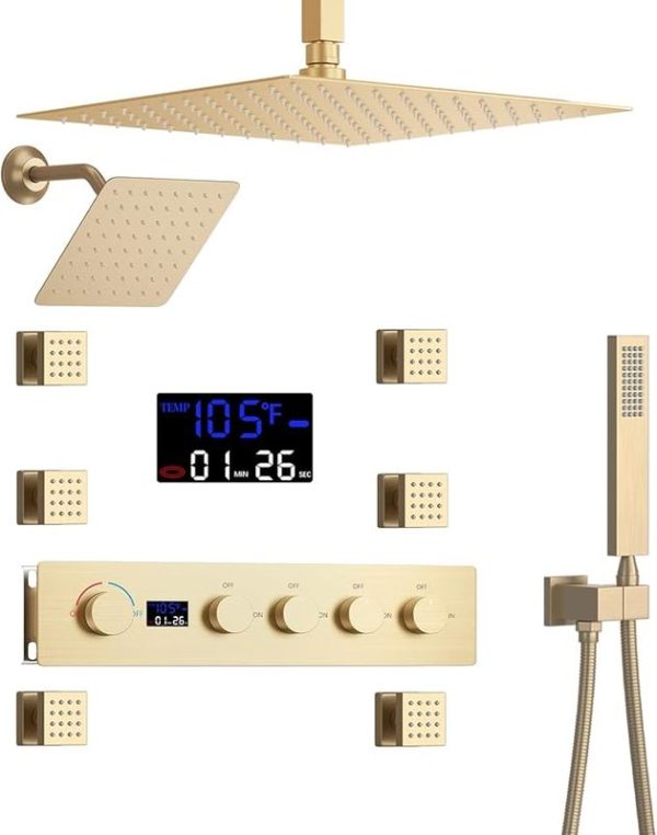 Dual Handle Thermostatic Shower Set for Bathrooms Rain & Soft Spray Pattern Digital Display for Hotels Brushed Surface Treatment
